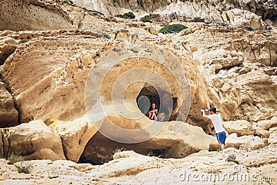 Panorama of Matala beach. Caves on the rocks Editorial Stock Photo