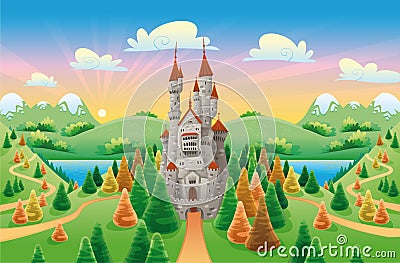 Panorama with medieval castle. Vector Illustration