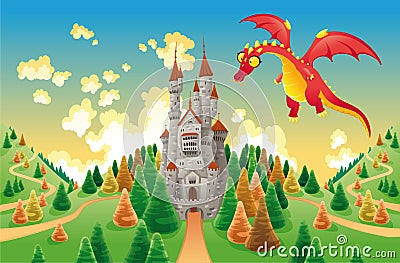 Panorama with medieval castle and dragon. Vector Illustration