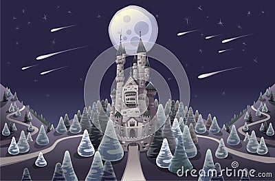 Panorama with medieval castle in the night Vector Illustration