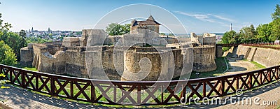 Panorama of medieval ruins of Suceava fortress in Suceava, Roman Stock Photo