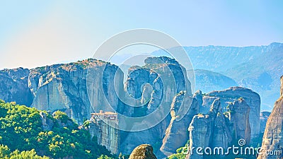 Panorama of Meteora rocks with The Monastery of Rousanou Stock Photo