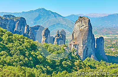 Panorama of Meteora with Rousanou Nunnery Stock Photo