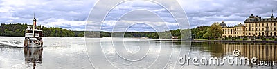 Panorama with palace Drottningholm and ferry boatf Stock Photo