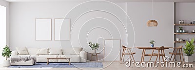 Panorama of modern living room with white furniture and dining area Stock Photo