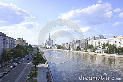 Panorama of Moscow from Bolshoy Krasnokholmsky bridge with stalinist skyscraper in Kotelnicheskaya embankment. Editorial Stock Photo