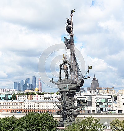 Panorama of Moscow International Business Center, Peter the Great Statue and Ministry of Foreign Affairs Editorial Stock Photo