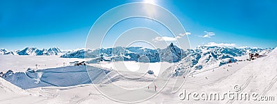 Panorama of Mountain Range winter Landscape in French Alps. Stock Photo