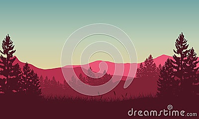 The panorama of the mountains in the afternoon is beautiful with the silhouettes of large trees around it Vector Illustration