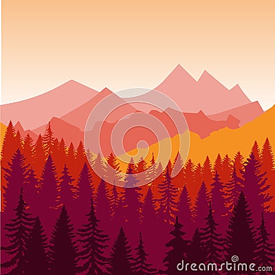 Panorama of mountains and forest silhouette landscape early on the sunset. Flat design Vector Vector Illustration