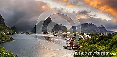 Panorama of mountains and Reine in Lofoten islands, Norway Stock Photo