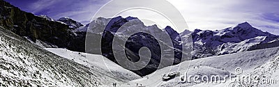 Panorama of mountains and snow in the Himalayas trekking along Annapurna Circuit in Nepal Stock Photo