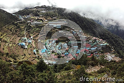 Panorama of Namche bazaar on a cloudy day, Everest Base Camp trek, Nepal Stock Photo