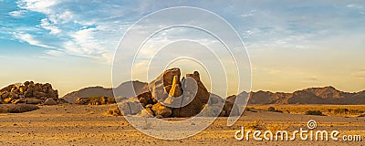 Panorama at Namib Desert, landscape with two rock mountain during sunset at Sossusvlei Stock Photo