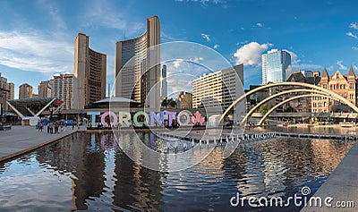 Panorama of Nathan Phillips Square and Toronto City Hall at sunset Editorial Stock Photo