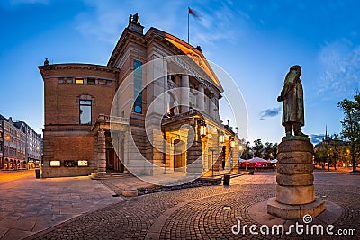 Panorama of National Theater and Henrik Ibsen Statue in the Even Stock Photo