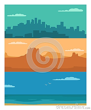 Panorama night city, day sea and sunset mountain. Vector Illustration