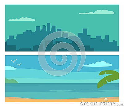 Panorama night city, and sunset sea. Vector flat horizontal color illustration. Vector Illustration