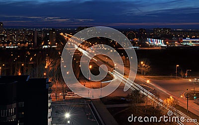 Panorama of the night city of Togliatti overlooking the intersection of Frunze and Yubileinaya streets. Stock Photo