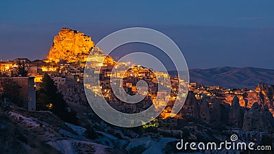 Panorama of night city Uchisar Stock Photo