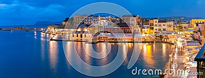 Panorama night Venetian quay, Chania, Crete Stock Photo