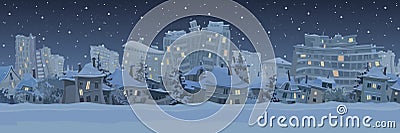 Panorama of the night winter city background with cartoon crooked houses Vector Illustration