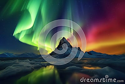 Panorama of the northern lights over snow-capped mountains, amazing landscape, fairy tale Stock Photo