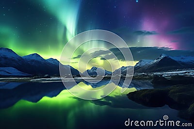 Panorama of the northern lights over snow-capped mountains, amazing landscape, fairy tale Stock Photo