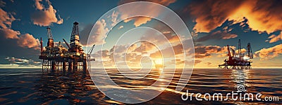 Panorama Offshore Jack Up Rig in The Middle of The Sea at Sunset. Generative ai Stock Photo
