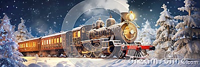 Panorama of an old christmas steam locomotive driving at night through a dreamlike snowy landscape at christmas time Stock Photo