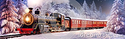 Panorama of an old christmas steam locomotive driving at night through a dreamlike snowy landscape at christmas time Stock Photo