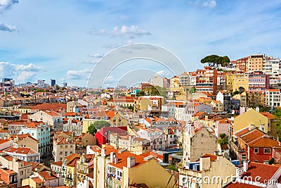 Panorama of the old town in Lisbon in sunny spring day, Portugal. The Mouraria and Graca historical districts Stock Photo