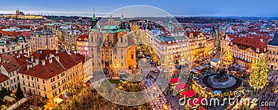 Panorama of Old Town of Prague at Christmas time. Editorial Stock Photo