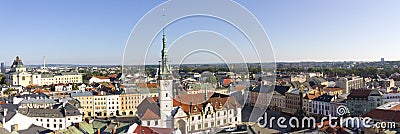 Panorama of Olomouc city's Upper square and the Astronomical clock on Olomouc Town Hall Stock Photo
