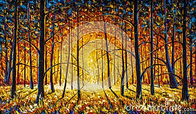 Panorama orange autumn sunny warm park alley forest original oil painting Stock Photo