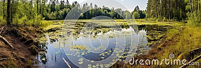 Panorama with overgrown swampy lake shore and forest in the background, concept of Ecological diversity, created with Stock Photo