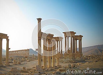 Panorama of Palmyra columns, Tetrapylon, ancient city, destroyed now, Syria Stock Photo