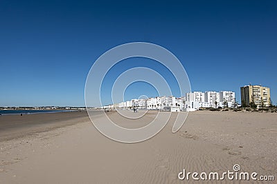 Panorama. Panoramic view of the beautiful Valdelagrana beach, located in El Puerto de Santa MarÃ­a, in the province of Cadiz, Editorial Stock Photo