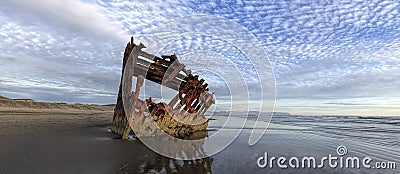 Panorama of Peter Iredale shipwreck in Oregon. Stock Photo