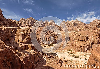 Panorama of Petra in Jordan - ancient city, capital of the Edomites , and later the capital of the Nabataean Kingdom, Stock Photo