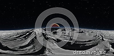 Panorama of Phobos with the red planet Mars in the background, environment HDRI map. Equirectangular projection Stock Photo