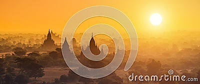 Panorama photography of Myanmar temples in Bagan at sunset Stock Photo