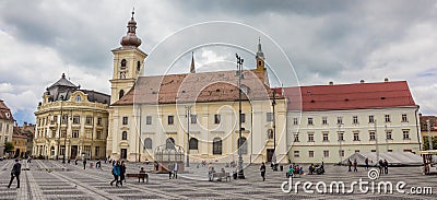 Panorama of Piata mare central square in historical Sibiu Editorial Stock Photo
