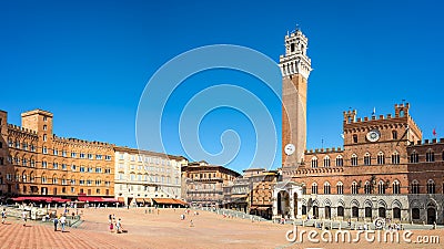 Panorama of Piazza del Campo Campo square, Palazzo Publico and Torre del Mangia Mangia tower in Siena, Tuscany Italy Editorial Stock Photo