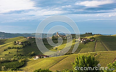 Panorama of Piedmont vineyards and Barbaresco town Stock Photo