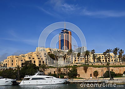 Panorama of Portomaso in the Town St. Julians on the Island Malta Stock Photo