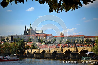Panorama of the Prague castle and Charles bridge Editorial Stock Photo