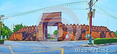Panorama of Pratu Thanang Gate and the ruins of city wall, Lamphun, Thailand Stock Photo