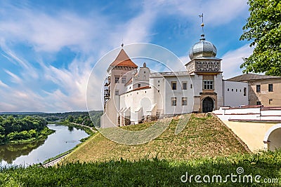 Panorama promenade overlooking the old city and historic buildings of medieval castle near wide river Stock Photo