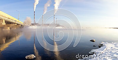 Panorama of Reftinsky reservoir with power plant, Russia, Ural Stock Photo